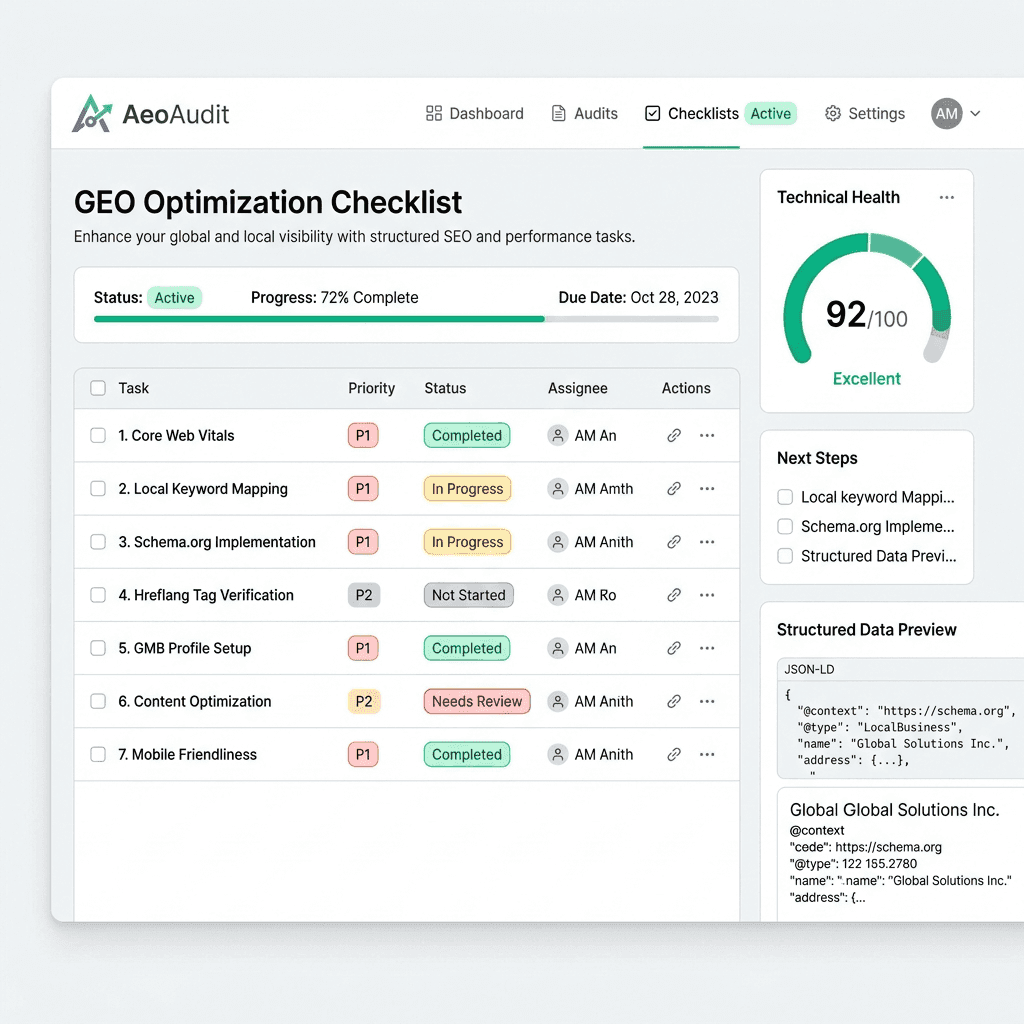 AeoAudit GEO Optimization Checklist and Technical SEO Score